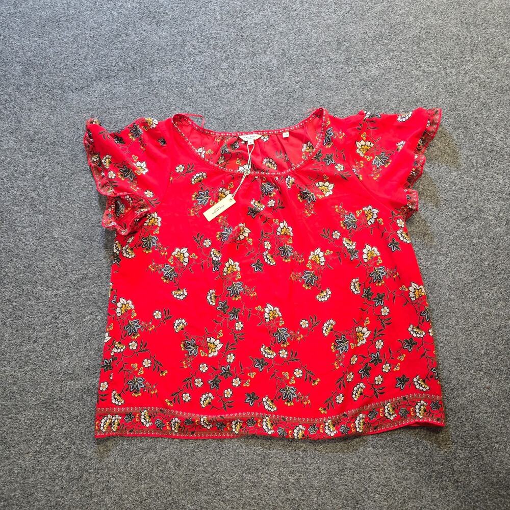 Max Studio Top Womens 1X Red Floral Short Sleeve Boxy Sheer Lightweight Casual